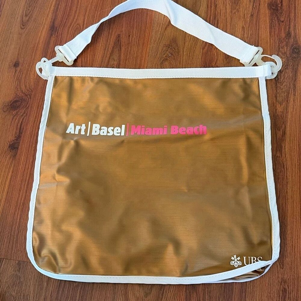 Art Basel bronze, gold white tote bag UBS Miami Beach